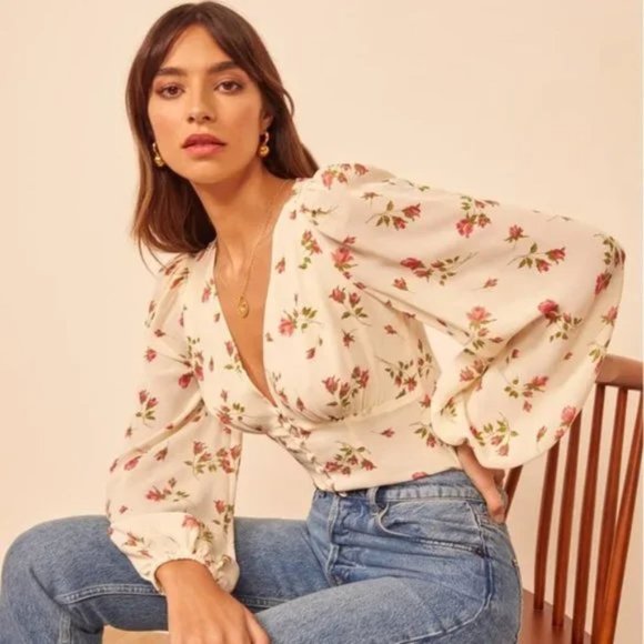 Reformation Tops - NEW Reformation Sheer back Santino Floral Print Top in Ivory - Size 10 #1393